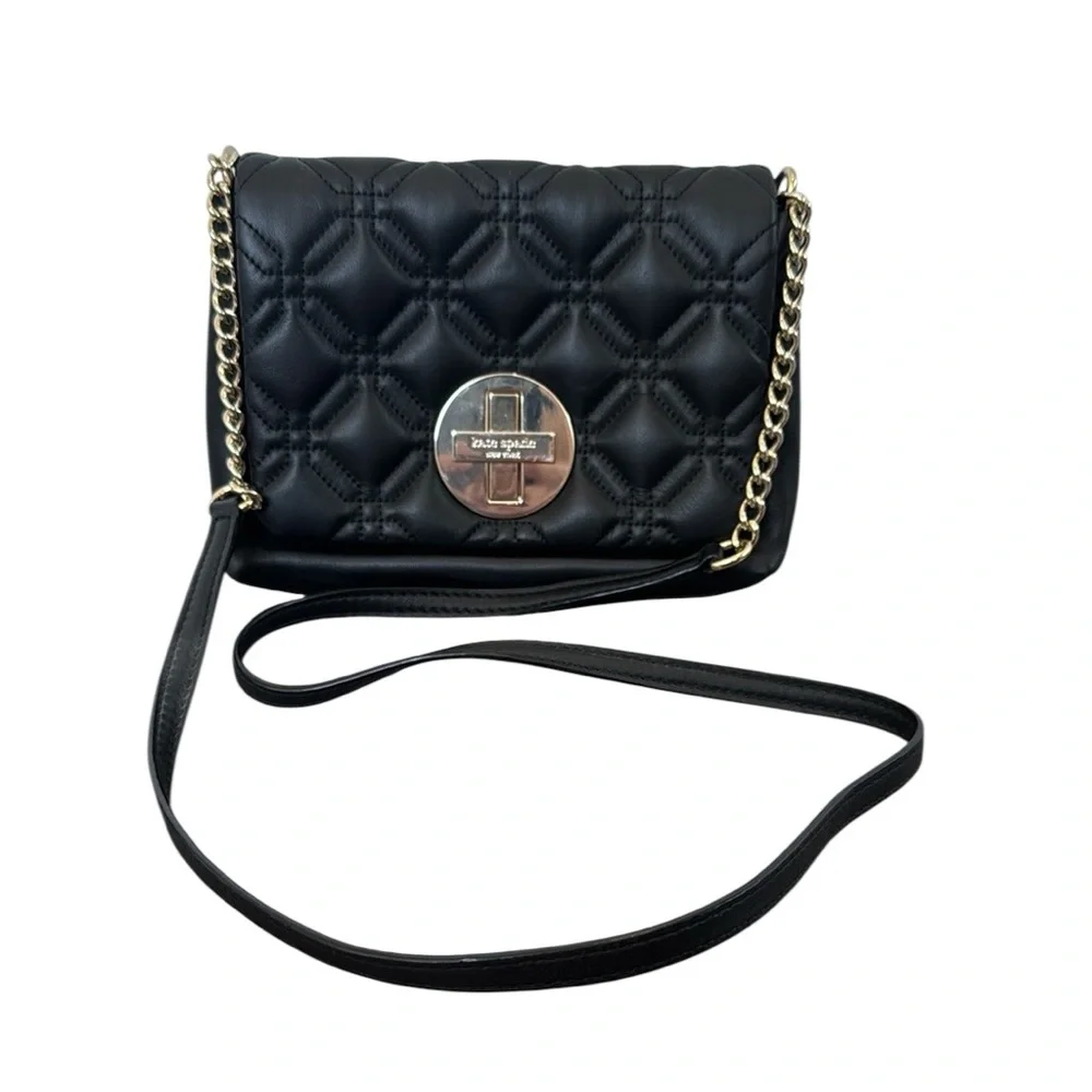 Kate Spade Y2K black cow leather mini crossbody quilted gold chain handbag